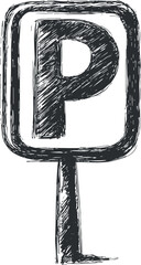 Hand-drawn vector illustration of a parking sign featuring the letter P, suitable for transportation and urban design projects