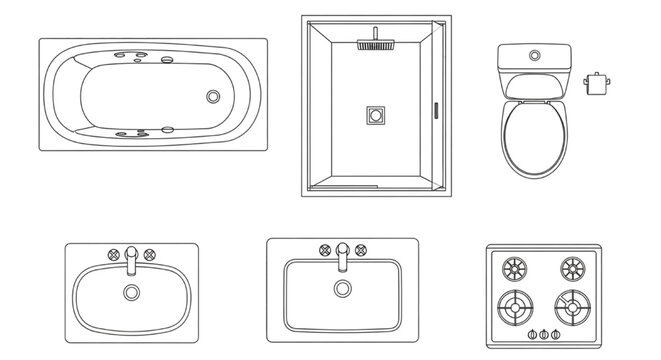 Top view bathroom and kitchen CAD blocks. Vector plan symbols: bathtub, shower, toilet, sink, and stovetop.