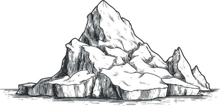 Hand-drawn vector illustration of a majestic iceberg with snow, ideal for nature-themed designs and environmental projects