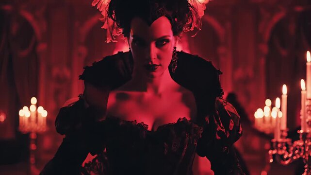  a beautiful woman dressed in an opulent black gothic or baroque gown and holding a fan, conveying a vampire queen or evil countess persona