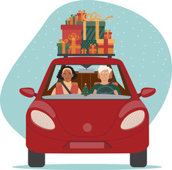 young couple in a red car with colorful gifts on the roof