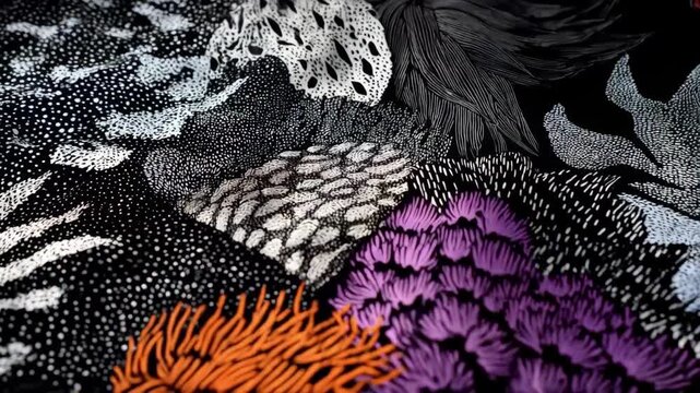 Medium shot capturing a closeup of thermoreactive prints on a surface that morph between abstract motifs and solid colors with temperature fluctuations.