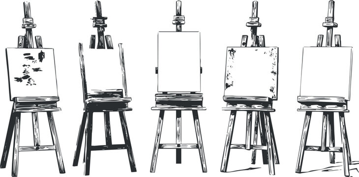 Vector illustration of five easels with blank canvases, showcasing a minimalist and modern artistic concept for design projects