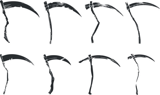 Set of minimalist vector illustrations showcasing various scythe designs for agricultural and farming concepts