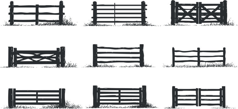 Collection of black and white vector illustrations of various fence designs for rural and outdoor themes
