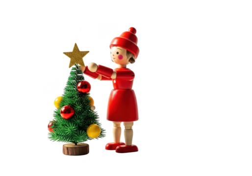 Wooden figurine of a girl in a red dress decorating a miniature christmas tree with a golden star, isolated on transparent background