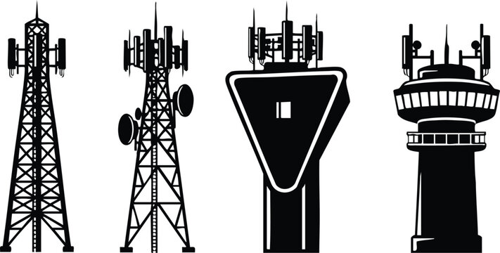 Communication towers vector illustration showcasing various designs and structures including antennas and broadcast equipment for technology enthusiasts 