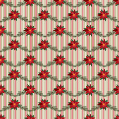Christmas garland fir tree branch coquette vintage ribbon bows seamless pattern wrapping Fabric