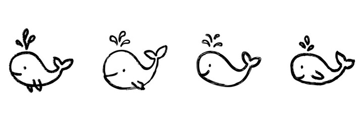 Obraz premium Cute Whale Line Icon Set In Doodle Style. Marine Life, Ocean Creatures, And Playful Sea Animals Outline Sketch Collection. Hand Drawn Isolated Vector Illustration