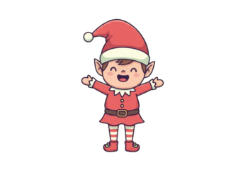 Cute cartoon happy christmas elf boy character wearing red costume and hat, isolated on transparent background