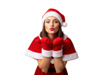Young woman dressed as mrs claus or santa girl wearing red hat and gloves blowing a kiss isolated on transparent background