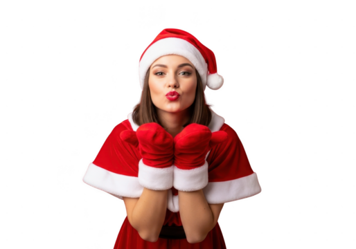 Young woman dressed as mrs claus or santa girl wearing red hat and gloves blowing a kiss isolated on transparent background
