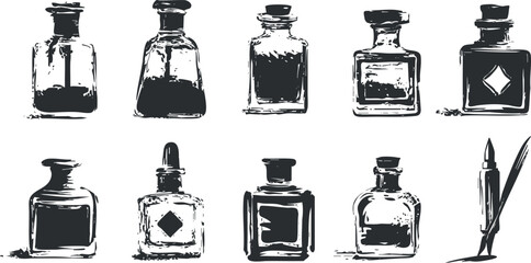 Hand-drawn vector illustration of vintage ink bottles in black and white for artistic and stationery design projects