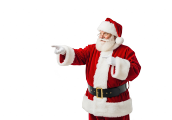Portrait of cheerful santa claus pointing to the side with his finger isolated on transparent background