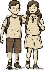 Two children walking together boy girl with backpacks smiling happy casual clothes vector illustration