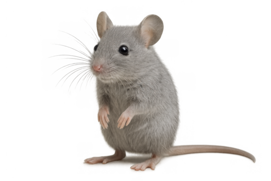 Gray mouse standing on hind legs, looking cute and curious, a small rodent pet or pest, transparent background - Powered by Adobe
