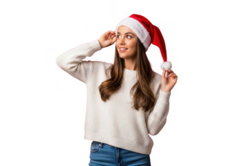 Young woman wearing a white knitted sweater and a red santa hat posing happily isolated on transparent background