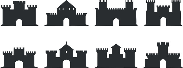 Silhouette vector icon set featuring various castle designs for graphic projects, fantasy themes, and historical illustrations