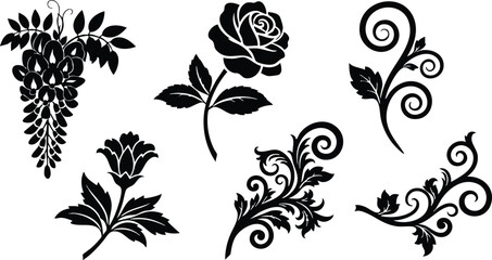Floral decorative elements including roses and vines in elegant black silhouette style for various design applications 