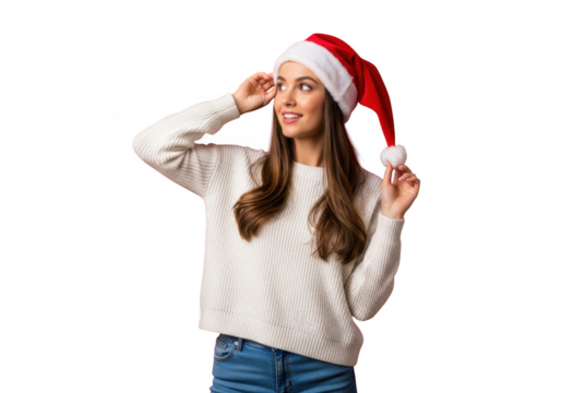Young woman wearing a white knitted sweater and a red santa hat posing happily isolated on transparent background