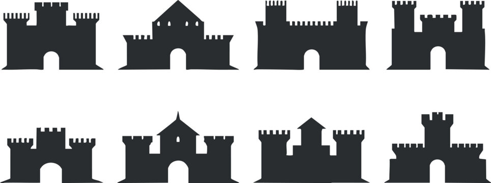 Silhouette vector icon set featuring various castle designs for graphic projects, fantasy themes, and historical illustrations