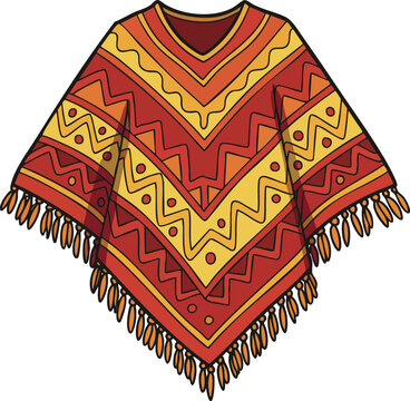 Colorful traditional poncho with geometric patterns red and yellow style vector illustration