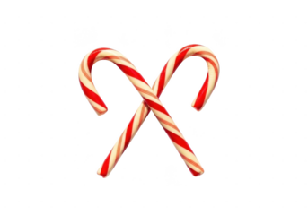 Two classic red and white striped candy canes crossed in an x shape, isolated on transparent background