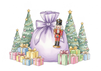 Watercolor illustration of a large purple gift bag surrounded by small decorated christmas trees and colorful presents with a nutcracker figure isolated on transparent background
