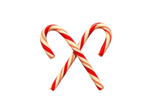 Two classic red and white striped candy canes crossed in an x shape, isolated on transparent background