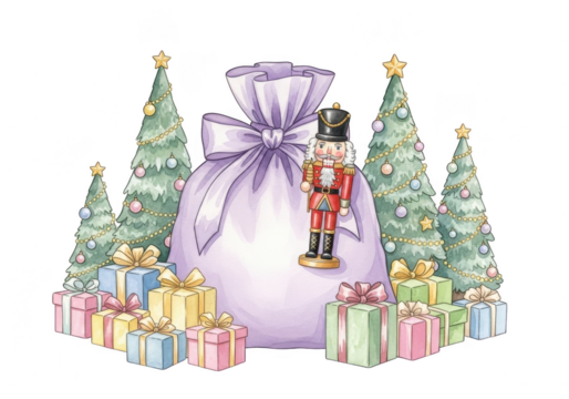 Watercolor illustration of a large purple gift bag surrounded by small decorated christmas trees and colorful presents with a nutcracker figure isolated on transparent background