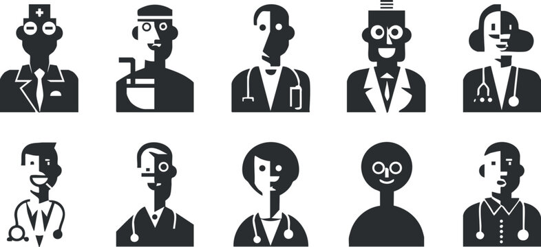 Set of minimalist black and white vector illustrations featuring diverse medical professionals, ideal for healthcare branding and design projects