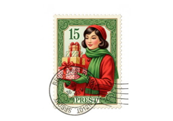 Vintage postage stamp illustration featuring a young woman in a red coat and green scarf holding a stack of wrapped christmas presents, isolated on transparent background