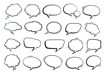 Collection of hand drawn speech bubble and thought cloud shapes for comic book design isolated on transparent background