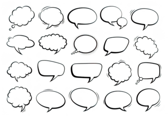 Collection of hand drawn speech bubble and thought cloud shapes for comic book design isolated on transparent background