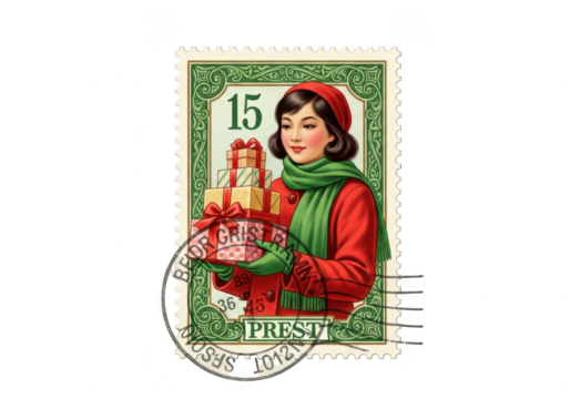 Vintage postage stamp illustration featuring a young woman in a red coat and green scarf holding a stack of wrapped christmas presents, isolated on transparent background