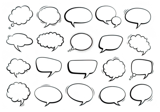 Collection of hand drawn speech bubble and thought cloud shapes for comic book design isolated on transparent background