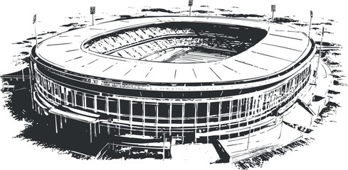 Monochrome illustration of a large oval stadium with detailed architectural design and grandstands.