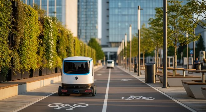 Futuristic Autonomous Delivery Robot Navigating Smart Urban Environment at Golden Hour