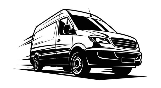 Dynamic black and white illustration of a delivery van in motion.