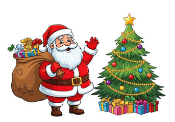 Fototapeta premium Cheerful cartoon santa claus waving next to a decorated christmas tree with a large sack full of presents, isolated on transparent background