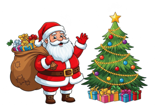 Cheerful cartoon santa claus waving next to a decorated christmas tree with a large sack full of presents, isolated on transparent background - Powered by Adobe