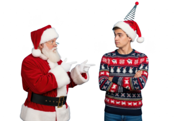 Santa claus pointing at a young man wearing a festive christmas sweater and a funny party hat, isolated on transparent background