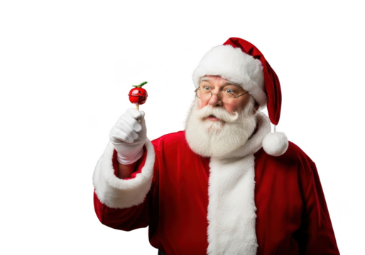 Portrait of cheerful santa claus wearing traditional red suit and hat, holding a small red candy apple on a stick, isolated on transparent background