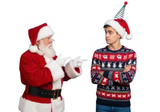 Santa claus pointing at a young man wearing a festive christmas sweater and a funny party hat, isolated on transparent background