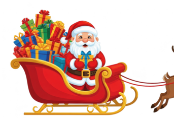 Cartoon illustration of santa claus riding a red sleigh full of colorful wrapped christmas presents isolated on transparent background