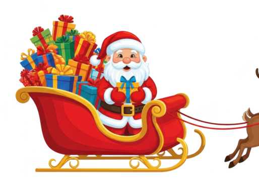 Cartoon illustration of santa claus riding a red sleigh full of colorful wrapped christmas presents isolated on transparent background - Powered by Adobe
