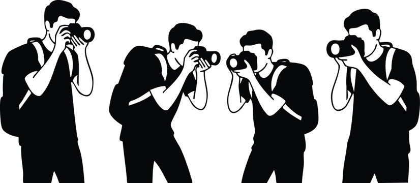 Photographers capturing images in various poses with cameras for creative projects and events 