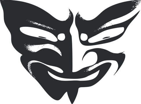 Black and white stylized theater mask illustration with expressive abstract design and bold lines.