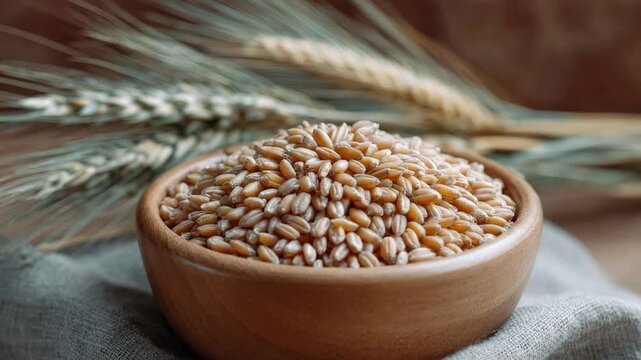 A rustic wooden bowl brimming with golden grain kernels is prominently displayed, set against a soft, textured fabric. In the background, dried stalks of grain provide an authentic, natural backdrop, 