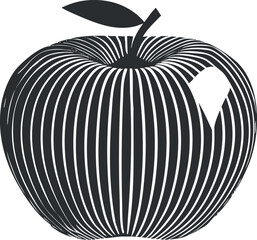 Abstract black and white striped apple illustration with a leaf, featuring bold graphic design.